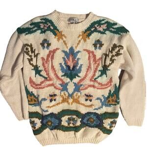 Vintage knit sweater ramie cotton paisley pastels size large DAMAGE cottage